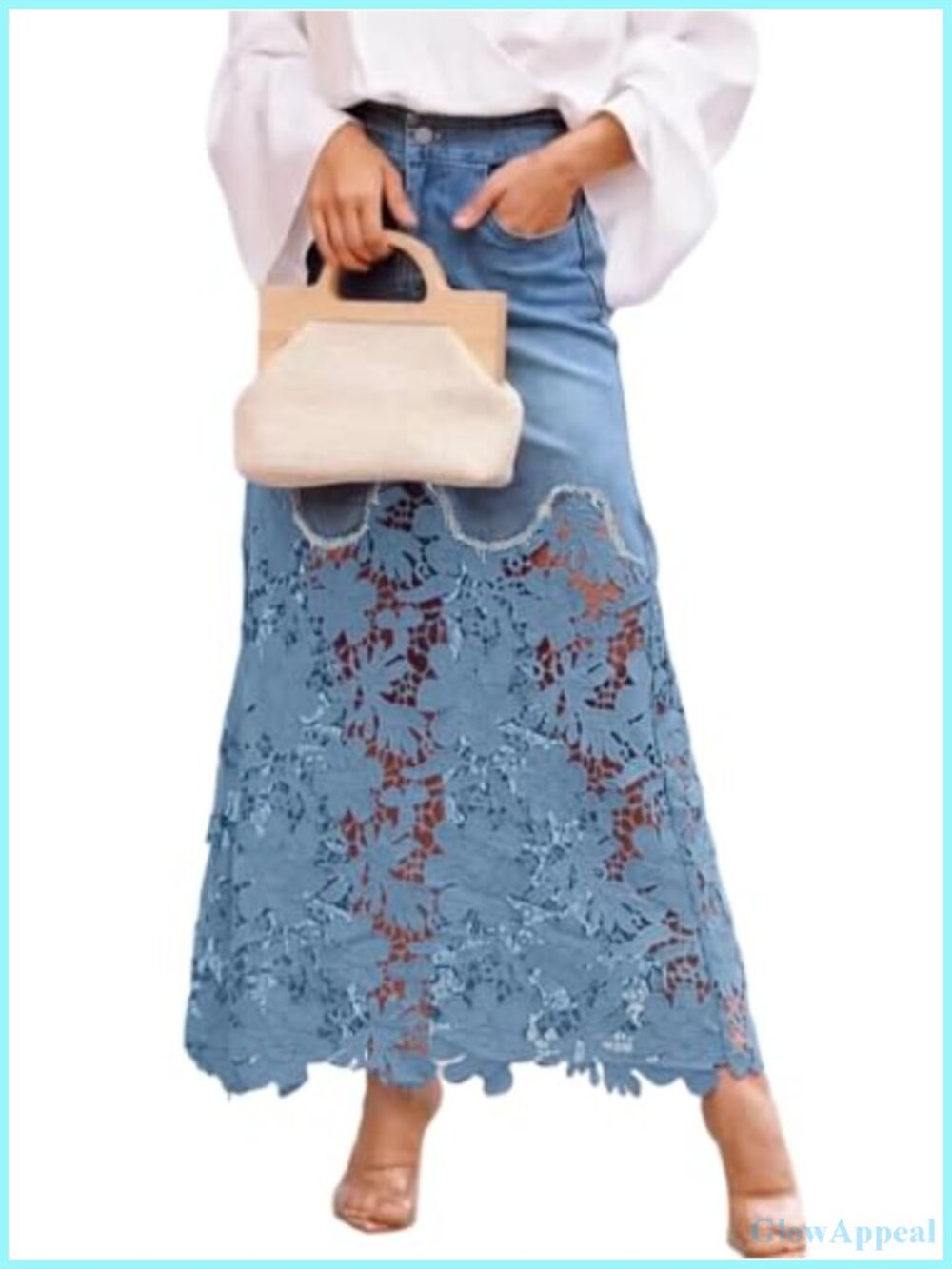 Women's High Rise Denim Maxi Skirt with Floral Lace Patchwork Boho 5-Pocket